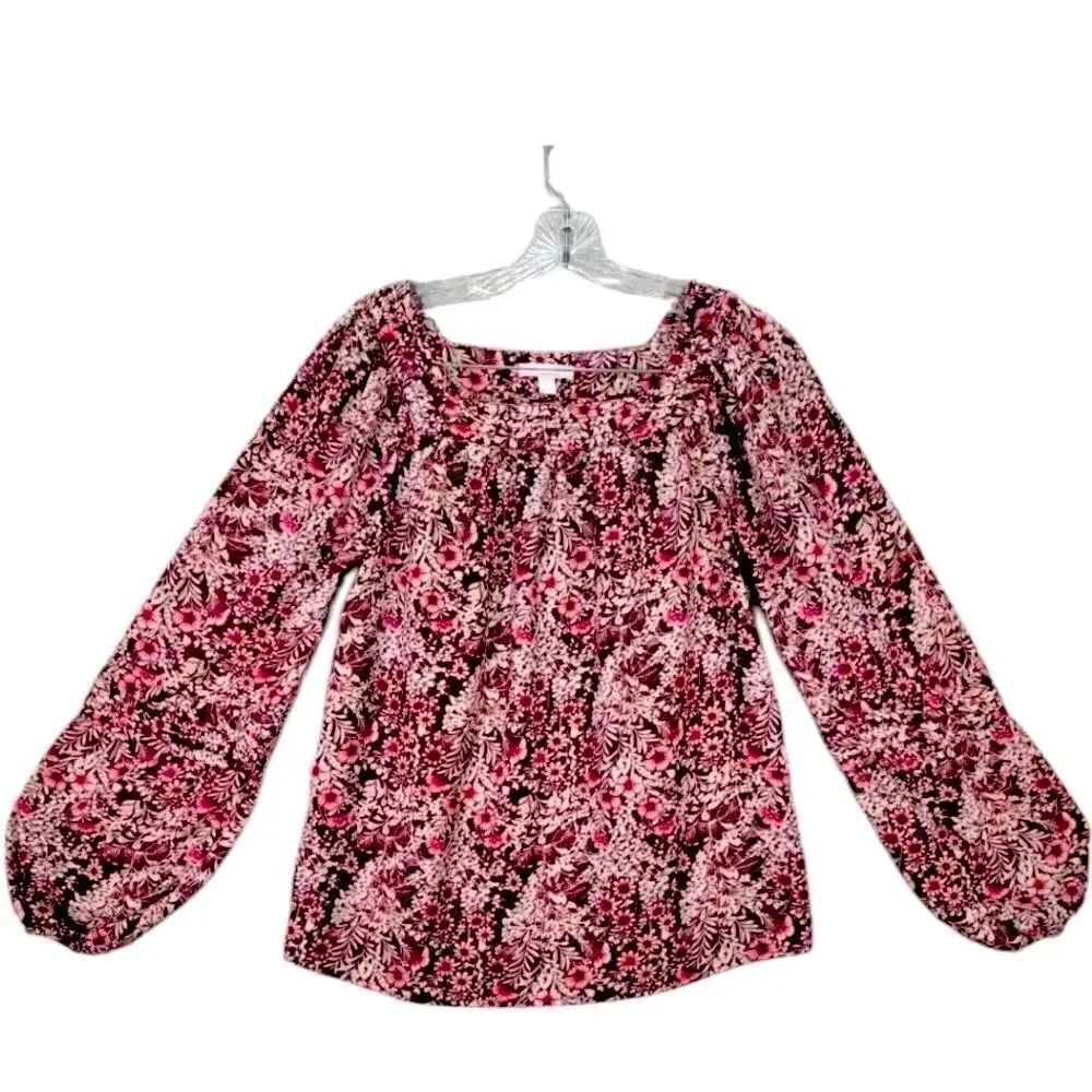 Lauren Conrad Top Woman’s Size XXL Burgundy Floral Balloon Sleeve Blouse